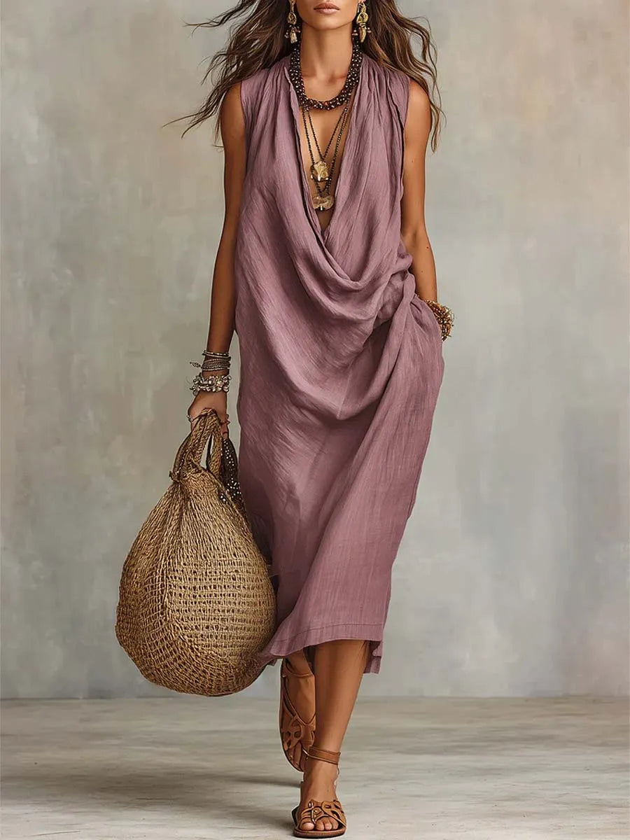 Women's Solid Color Swing Collar Art Stylish Cotton Linen Casual Dress