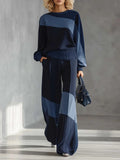 Women's Color-block Round Neck Long-sleeved Casual Loose Wide-leg Pants Knitted Set