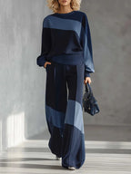 Women's Color-block Round Neck Long-sleeved Casual Loose Wide-leg Pants Knitted Set