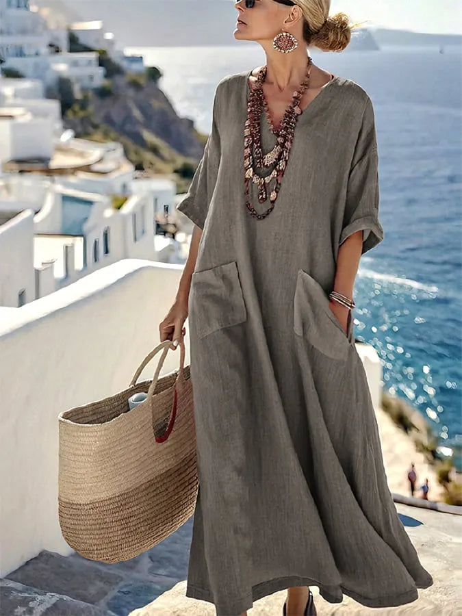 Ladies Loose Solid Pocket Dress