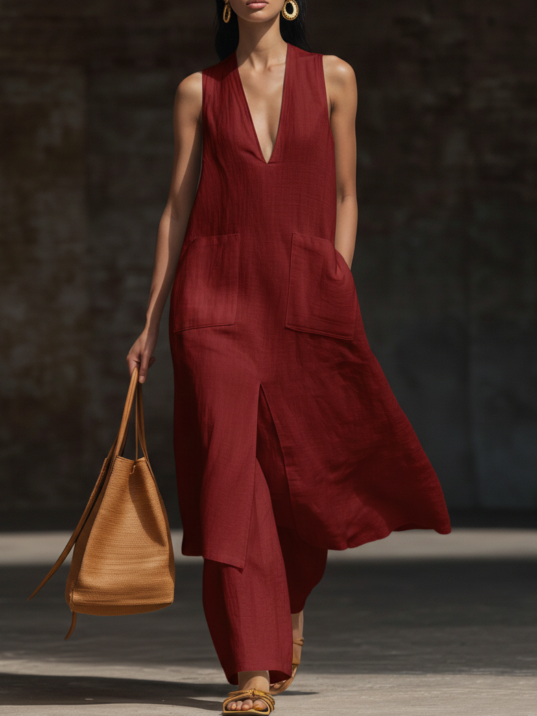 Stylish V-neck Long Shirt And Wide-leg Pant Linen Two-piece Set