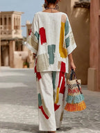 Women's Cotton-linen Set: Abstract Print V-neck 3/4-sleeve Casual Top & High-waisted Loose Wide-leg Pants