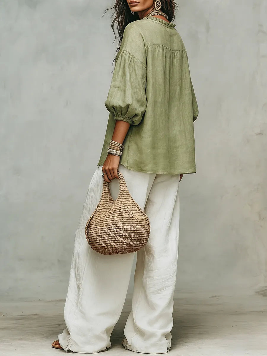 Retro Ruffled Puff-sleeve Cotton-linen Two-piece Set