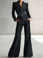 Women's Casual Denim Blazer And Wide-leg Pants Set