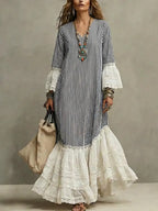 Women's Retro Striped Patchwork Lace Art Casual Stylish Cotton Linen Maxi Dress