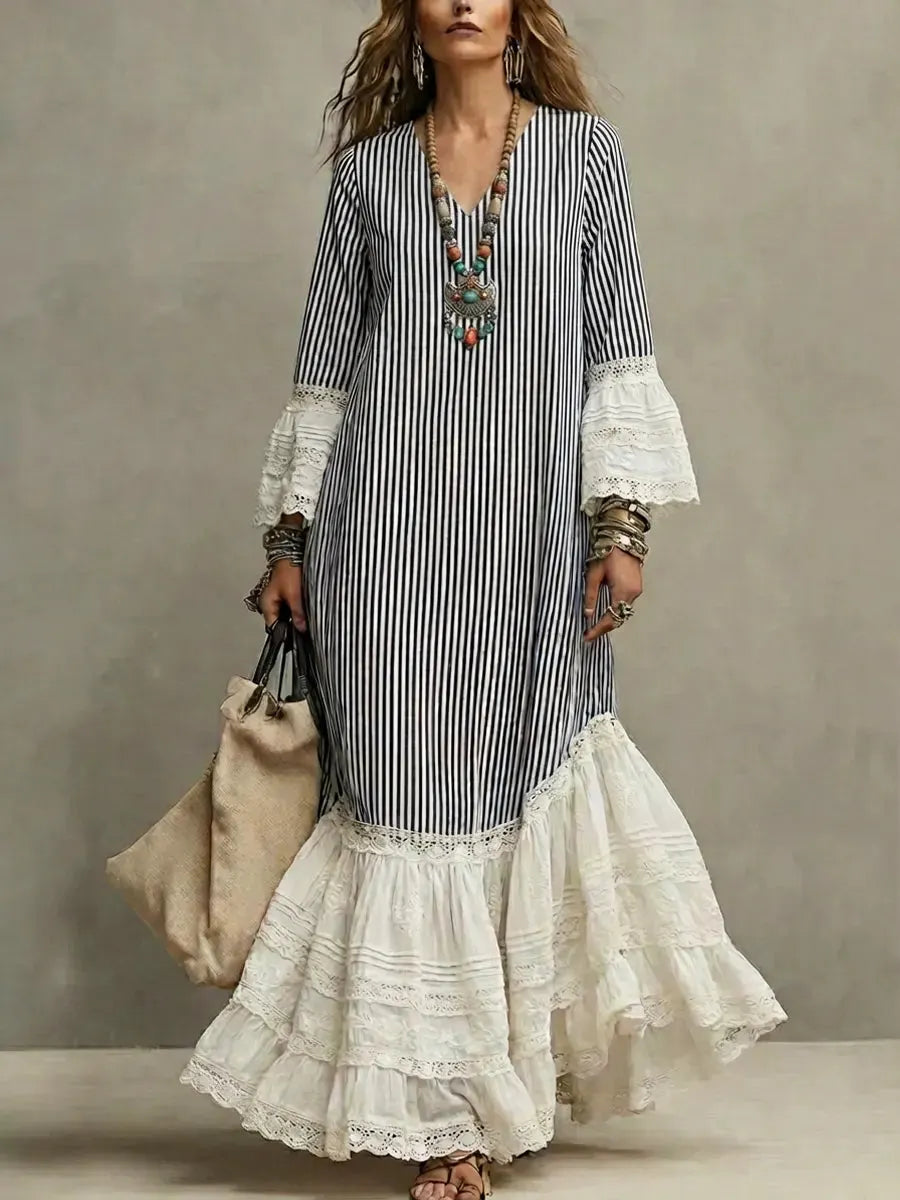 Women's Retro Striped Patchwork Lace Art Casual Stylish Cotton Linen Maxi Dress