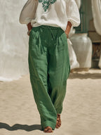 Women's Casual Vacation Embroidered White Halter Top And Green Wide-leg Pants Set