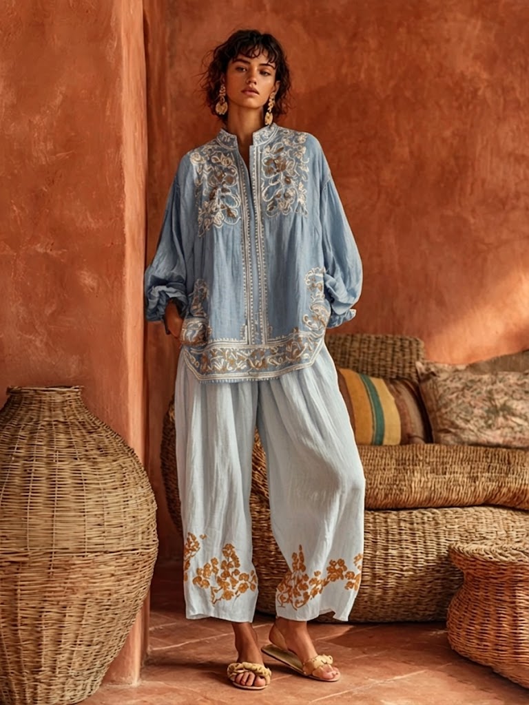 Bohemian Floral Print Linen And Cotton Two-piece Top And Pants Set