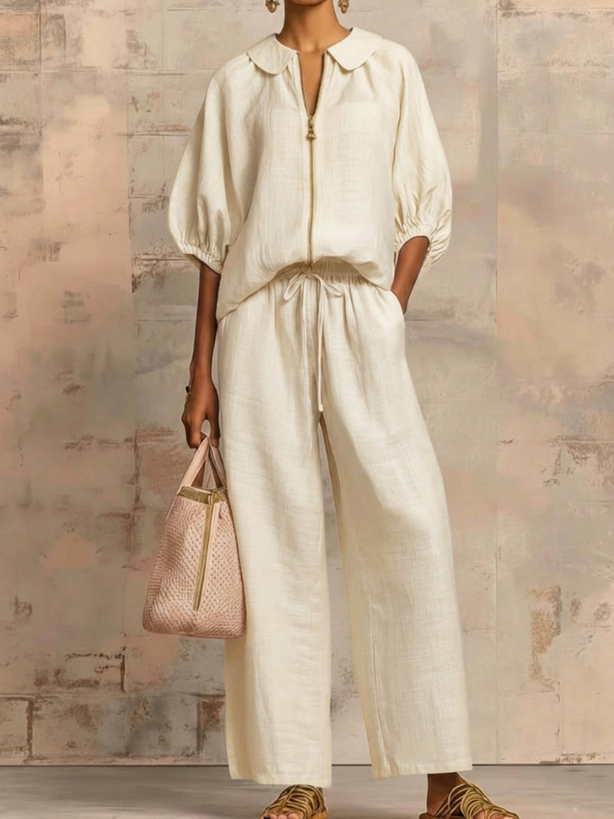 Stylish Peter Pan Collar Zip-up Shirt And Wide-leg Pant Linen Cotton Set