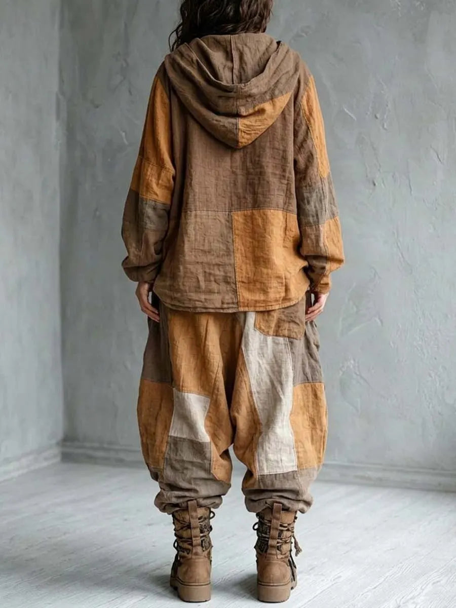 Women's Ethnic Stylish Casual Hooded Patchwork Cotton And Linen Top And Pants Two-piece Set