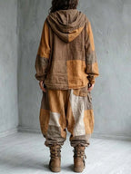 Women's Ethnic Stylish Casual Hooded Patchwork Cotton And Linen Top And Pants Two-piece Set