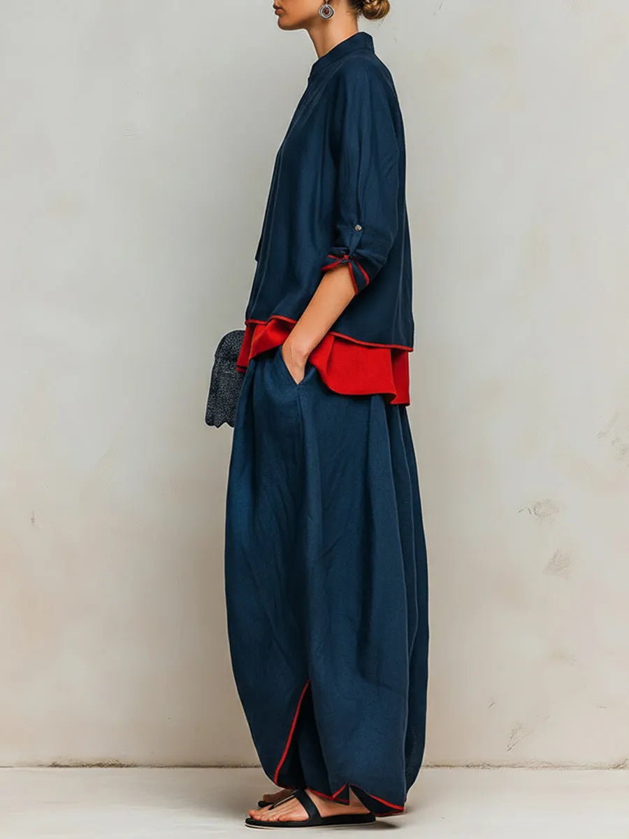 Color-blocked Linen-cotton Top & Lantern Pants Set