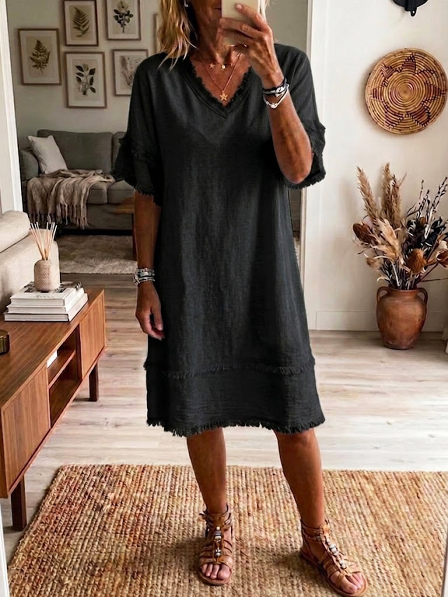Casual Loose-fit Linen And Cotton Dress With Frayed Edges