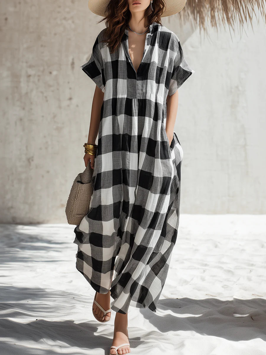 Casual Linen And Cotton Plaid Dress
