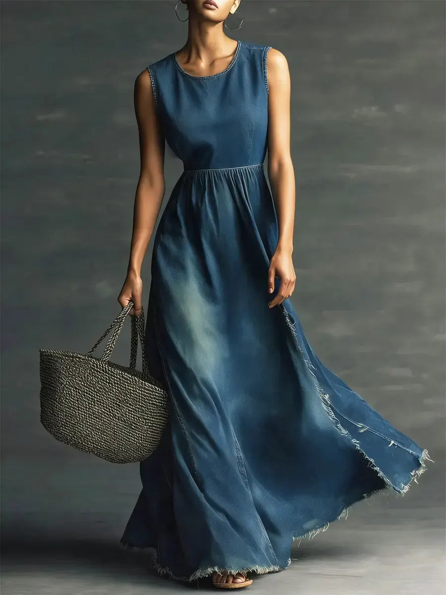 Women Stylish Art Casual Loose Washed Denim Midi Dress