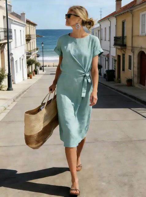 Women's Round-Neck Short-Sleeved Dress With Tie Detail