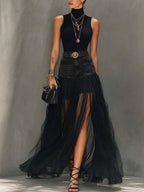 Stylish Two-piece Set: Sleeveless Knit Top And Paneled Mesh Denim Skirt