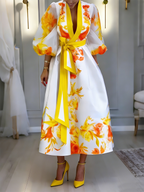 Elegant Retro Color-block Floral Print Dress With Belt