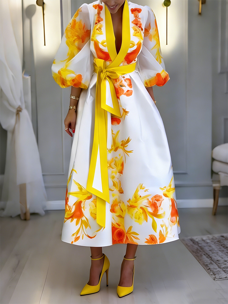 Elegant Retro Color-block Floral Print Dress With Belt