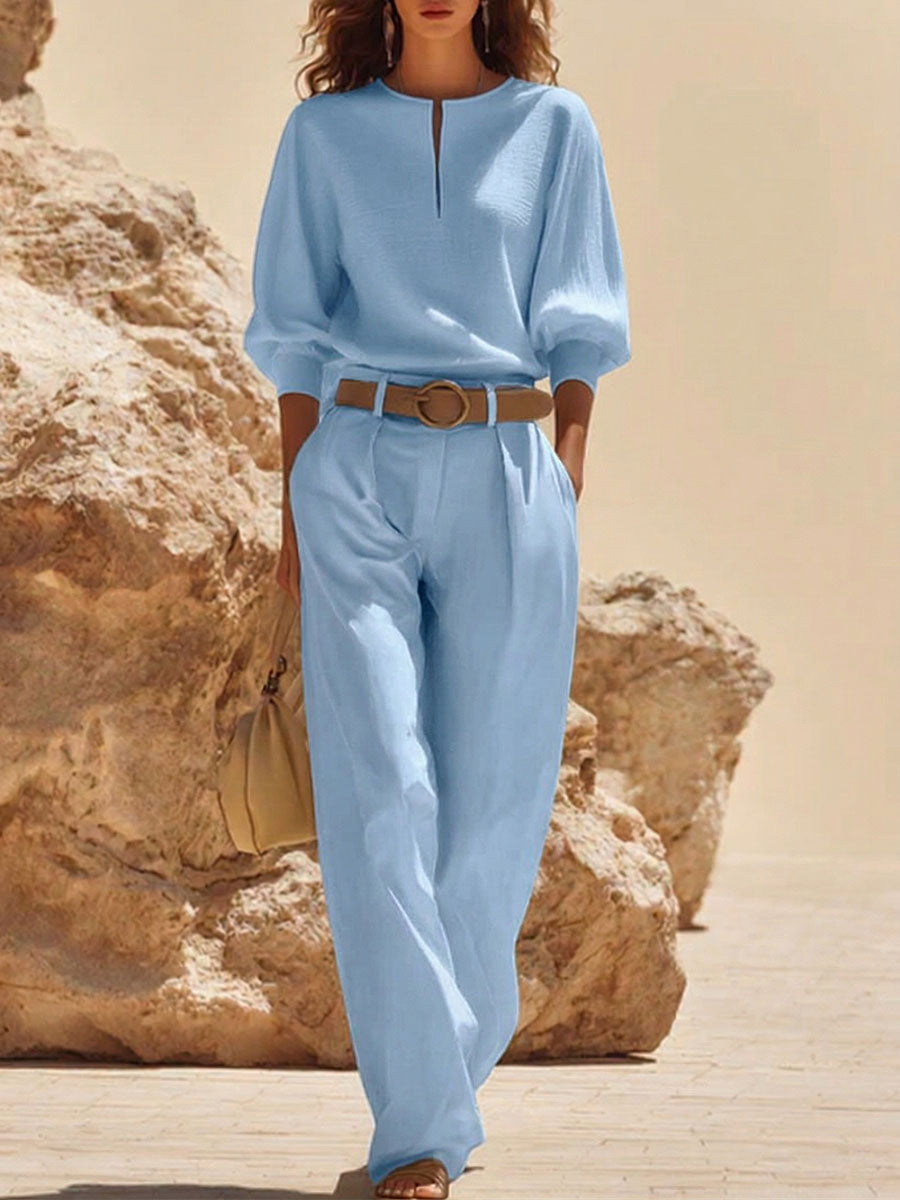 Women's Solid-color Linen Set: V-neck 3/4-sleeve Loose-fit Top & High-waisted Wide-leg Pants