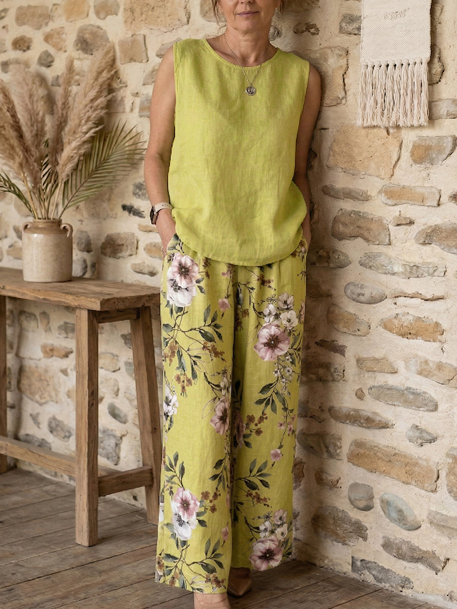 Casual Floral-print Cotton-linen Two-piece Set