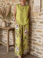 Casual Floral-print Cotton-linen Two-piece Set
