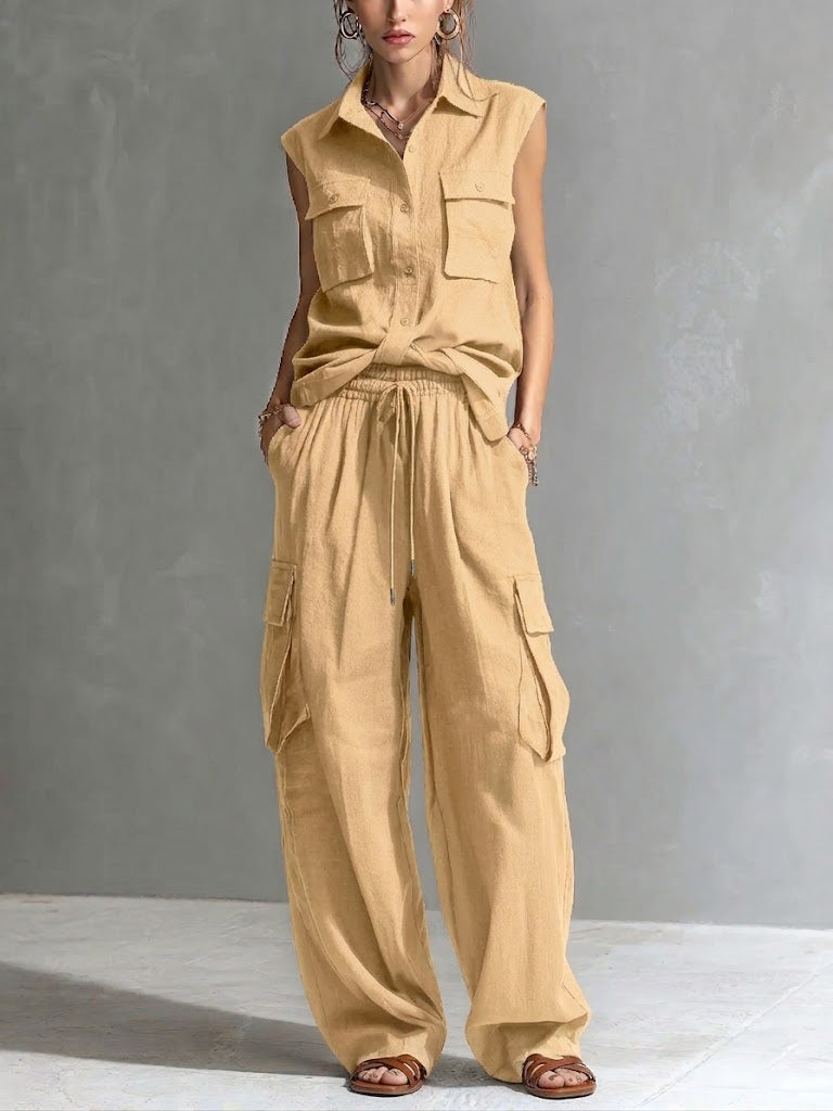 Women's Casual Cotton-linen Sleeveless Shirt And Pants Set