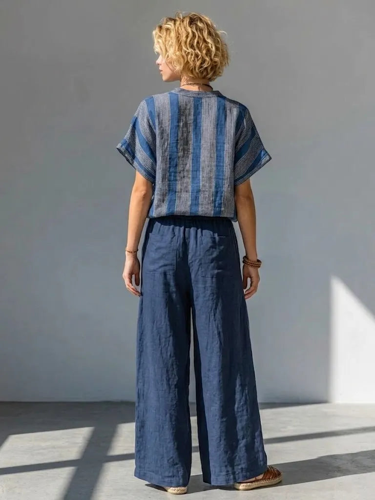 Casual Striped Linen And Cotton Two-piece Top And Pants Set