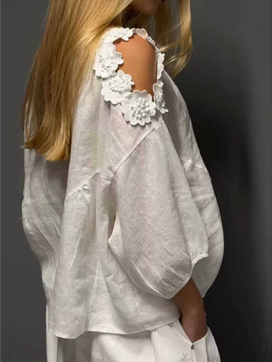 Stylish Casual Two-piece Set: Linen & Cotton Top With 3d Floral Embellishments And Cotton Shorts