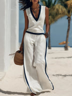 Women's Simple Sleeveless Top And Wide-leg Pants Cotton Linen Set