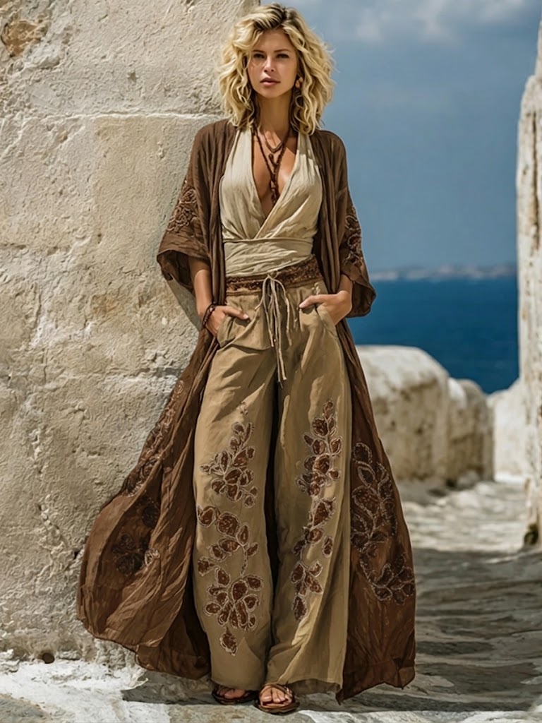 Bohemian Three-piece Set: Ethnic-print Cotton-linen Long Cardigan, Sleeveless Top, And Trousers