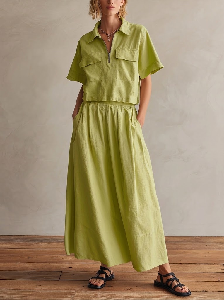 Casual Half-zip Short-sleeved Cotton Top And Skirt Two-piece Set