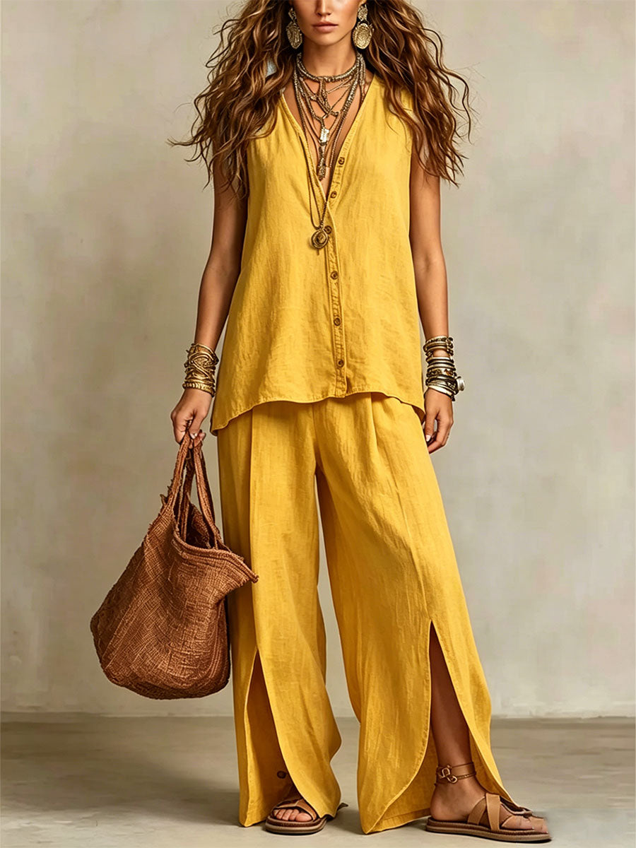 Women's V-neck Tank Top And Wide-leg Trousers Set