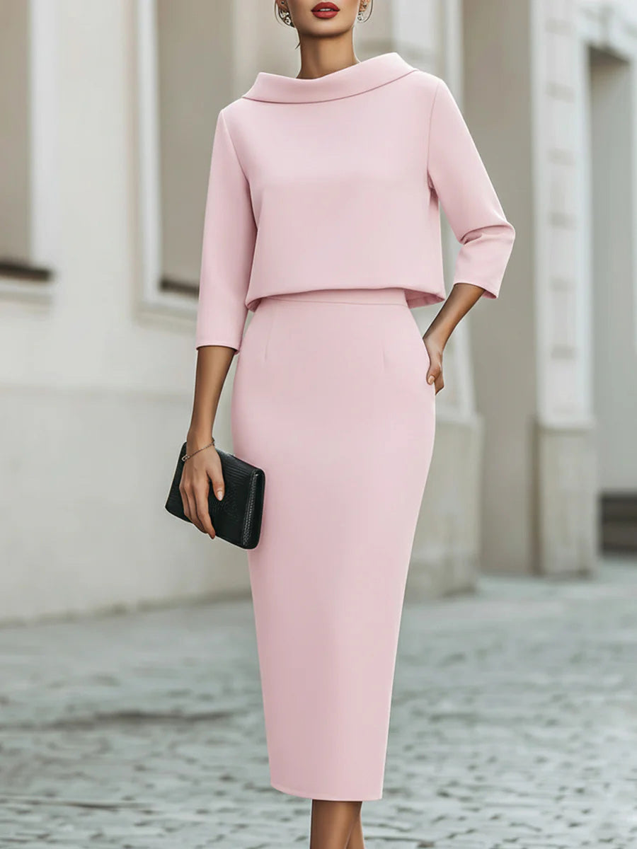Women's Solid Color Boat Neck 3/4 Sleeve Casual Loose Top And High Waist Casual Slim Pencil Skirt Set