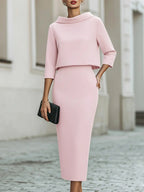 Women's Solid Color Boat Neck 3/4 Sleeve Casual Loose Top And High Waist Casual Slim Pencil Skirt Set
