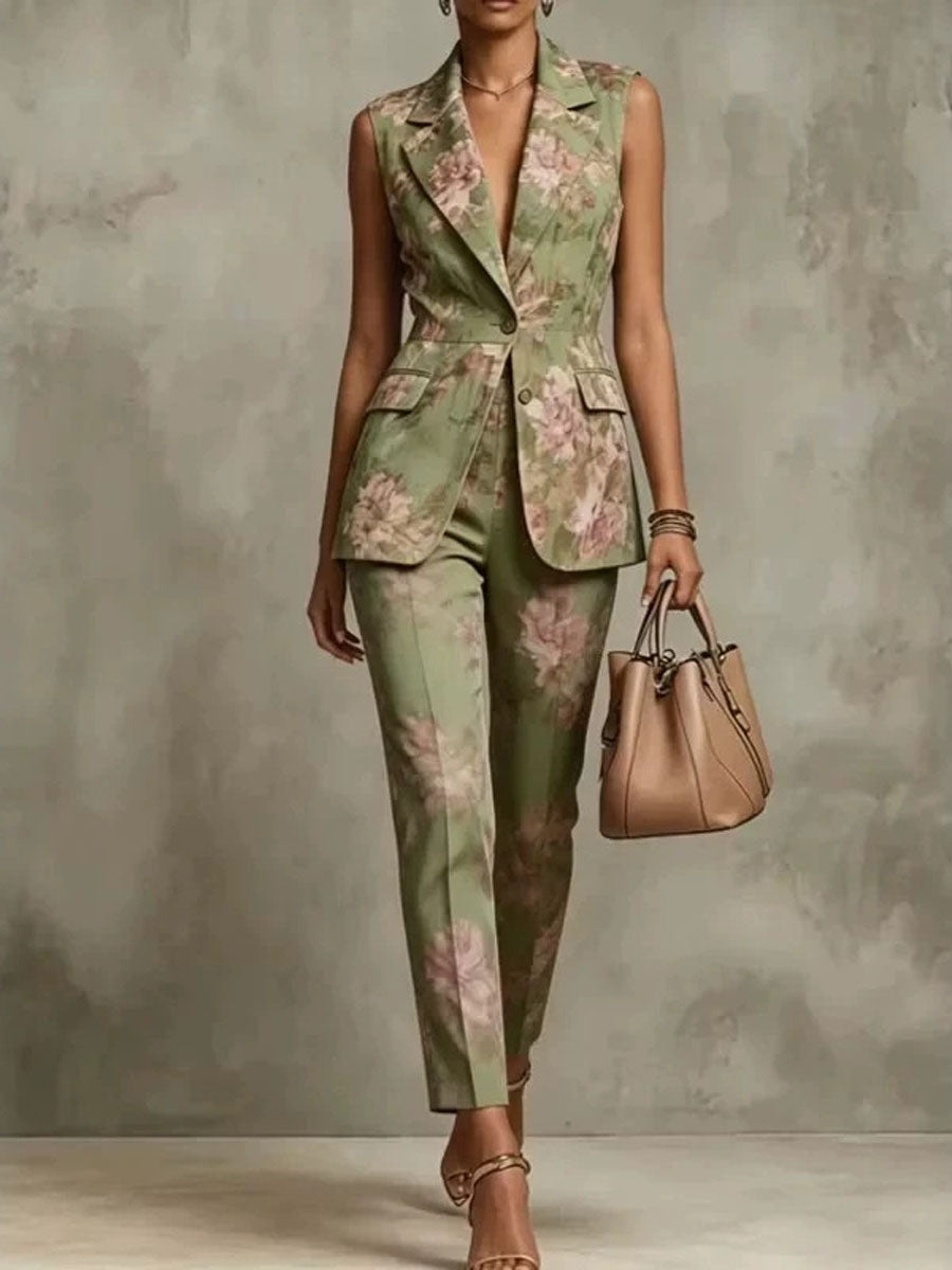 Women's Elegant Floral Sleeveless Blazer And Pants Two-piece Set
