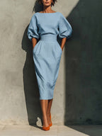 Women's Solid-color Round-neck 3/4-sleeve Loose Casual Top & High-waisted Pencil Skirt Cotton-linen Set