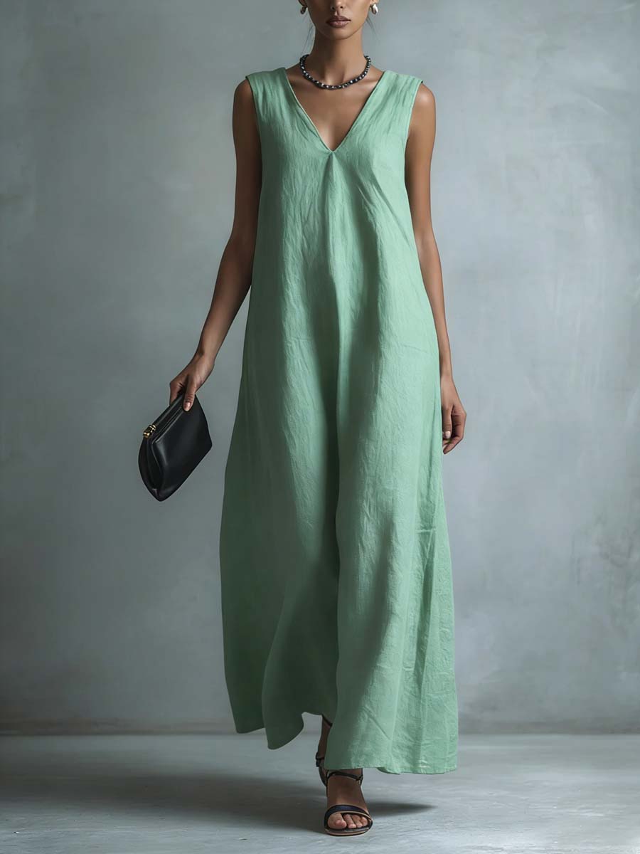 Women's Casual V-neck Sleeveless Cotton Linen Dress