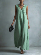 Women's Casual V-neck Sleeveless Cotton Linen Dress