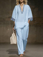 Women's V-neck 3/4 Sleeve Casual Loose Cotton Linen Top And High-waisted Casual Loose Wide-leg Pants Cotton Linen Set