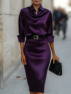 Women's Satin Slim-fit Pencil Dress With Shirt Collar And 3/4 Sleeves
