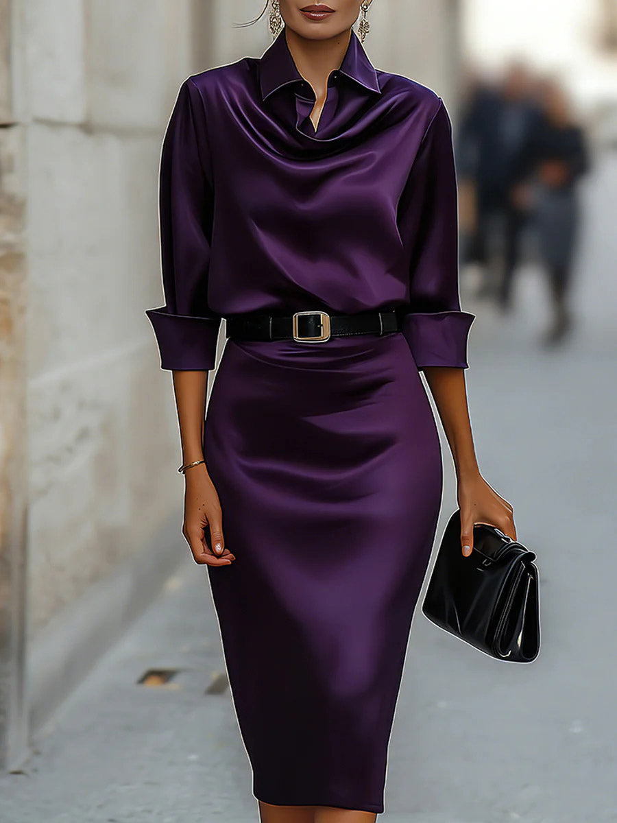 Women's Satin Slim-fit Pencil Dress With Shirt Collar And 3/4 Sleeves