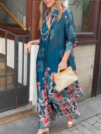 Loose And Cozy Floral-print Long Shirt And Pants Two-piece Set