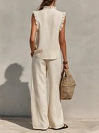 Sleeveless Ruffled V-neck Topï1⁄4elastic-waist Wide-leg Pants â Cotton-linen Casual Set