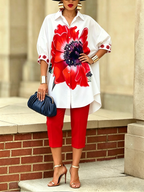 Artistic Stylish Scarlet Bloom Shirt And Pants Two-piece Set