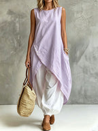 Solid-color Pockets Sleeveless Loose-fit Midi Skirt Set