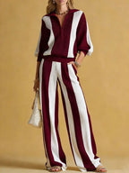 Women's Striped Print Cardigan Collar Three-quarter Sleeve Knitted Top And High-waisted Casual Loose Wide-leg Pants Knitted Set.