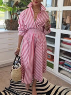 Casual & Comfortable Striped Linen-cotton Shirt And A-line Skirt Two-piece Set