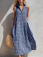 Women's Plaid-print V-neck Sleeveless Casual Loose Cotton-linen Dress