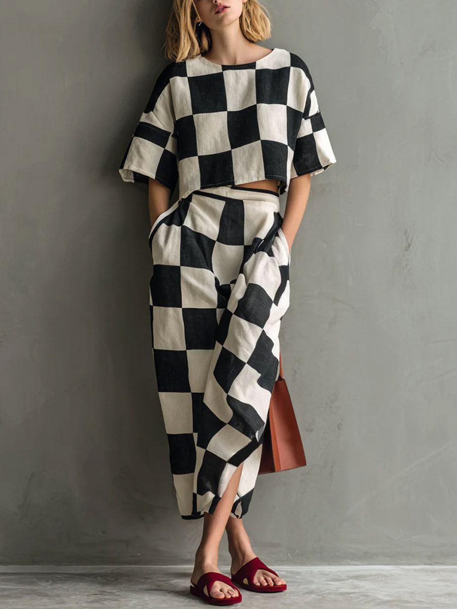 Women's Plaid-print Cotton-linen Two-piece Set: Short-sleeve Crewneck Loose-fit Top & High-waisted A-line Skirt